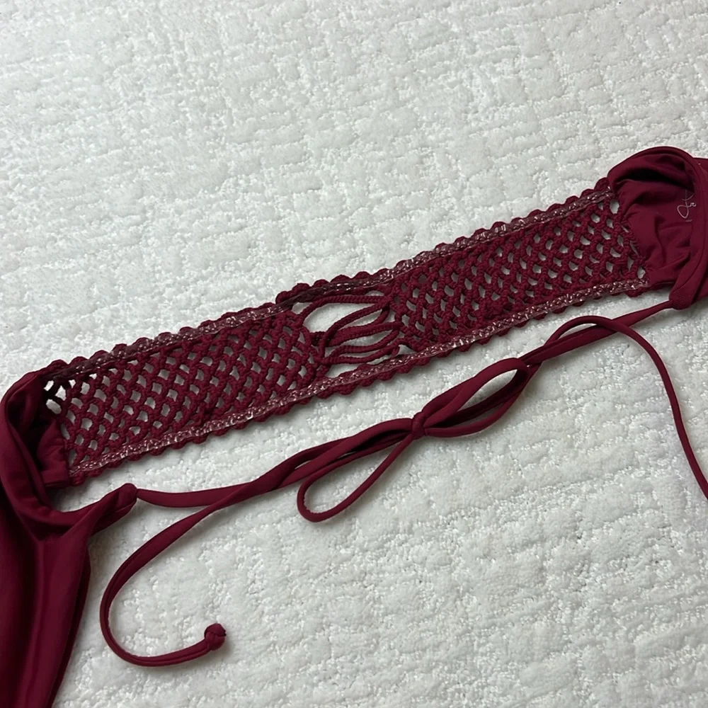New! Frankie’s Bikinis burgundy Halter Top crochet back tie neck M